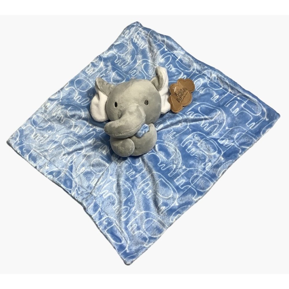 Baby Essentials Elephant Security Blanket Lovey Blue Grey White Elephant Design